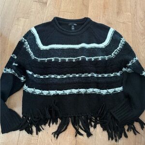 Aqua Black and White Striped Fringe Sweater